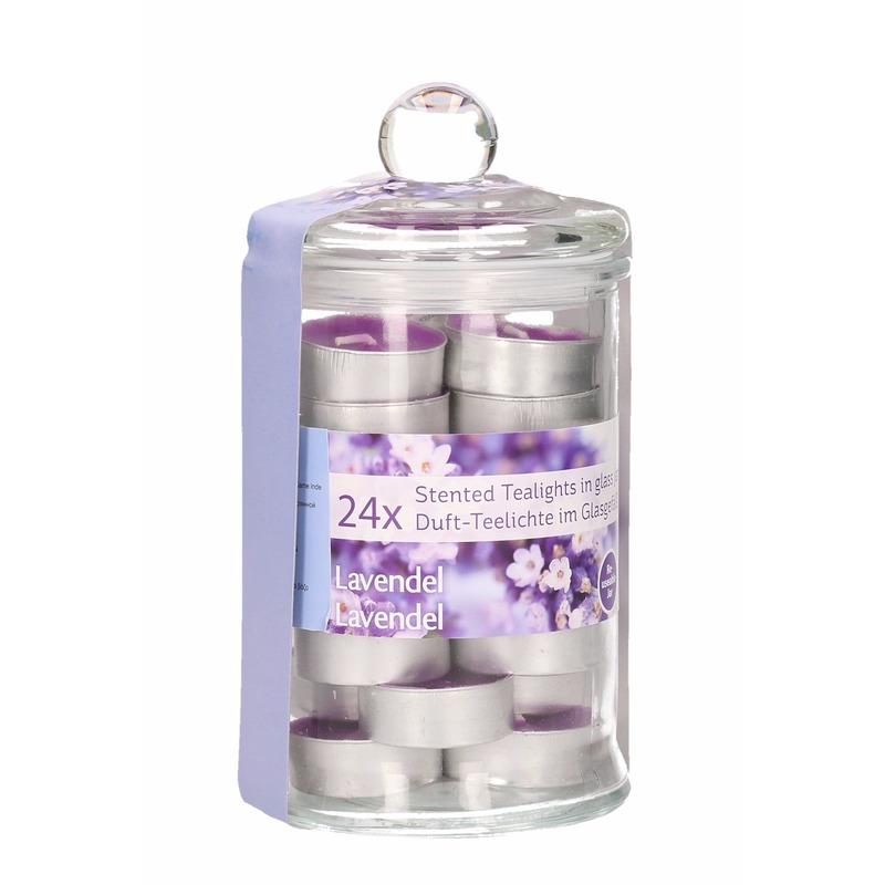 Glazen pot met 24 lavendel geur theelichtjes